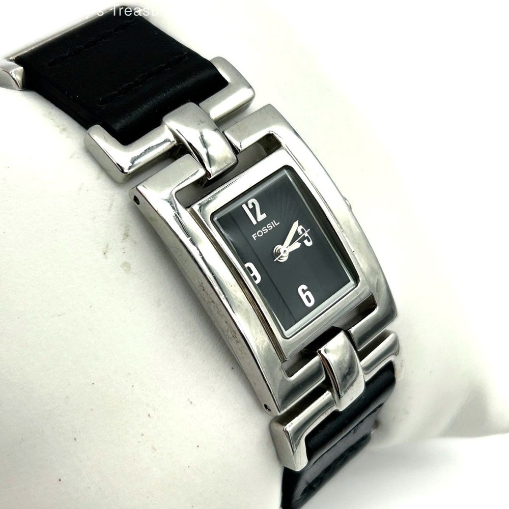 Vintage Y2K Fossil Women's ES-1851 Stainless Steel Black Leather Cuff Watch 7"